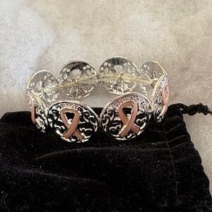 Chic Silver Bracelet with Pink Ribbon Design breast cancer awareness bracelet